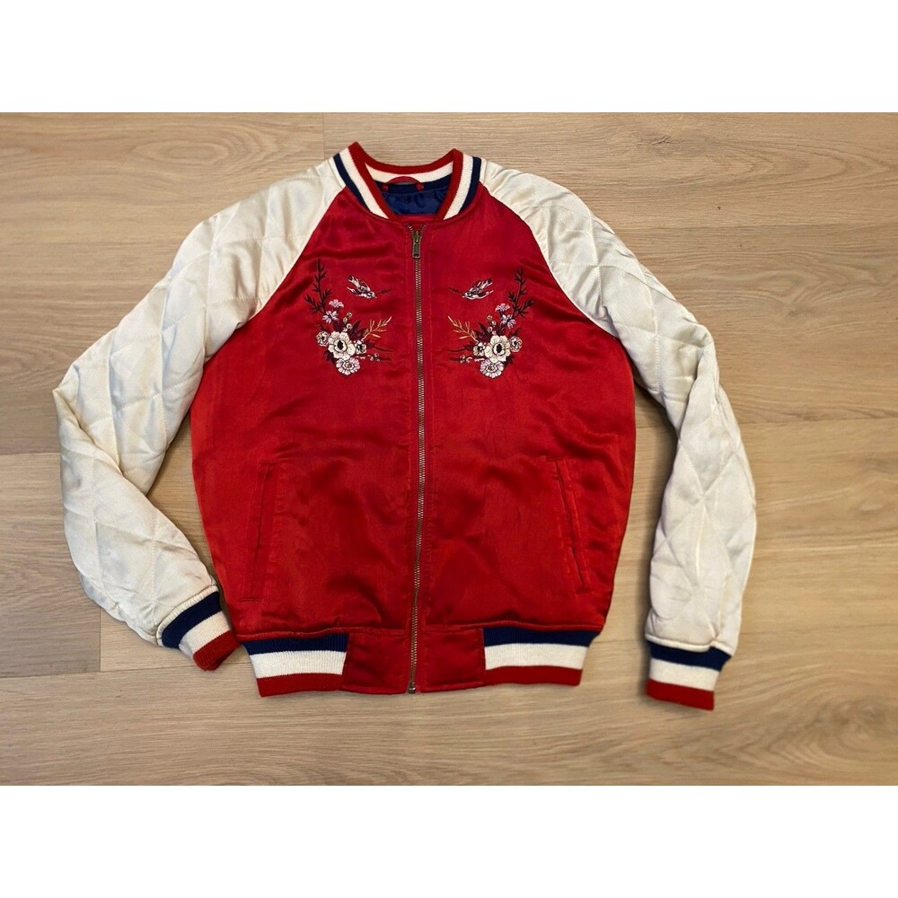 American Eagle Outfitters XS Red with floral & birds embroidery varsity jacket